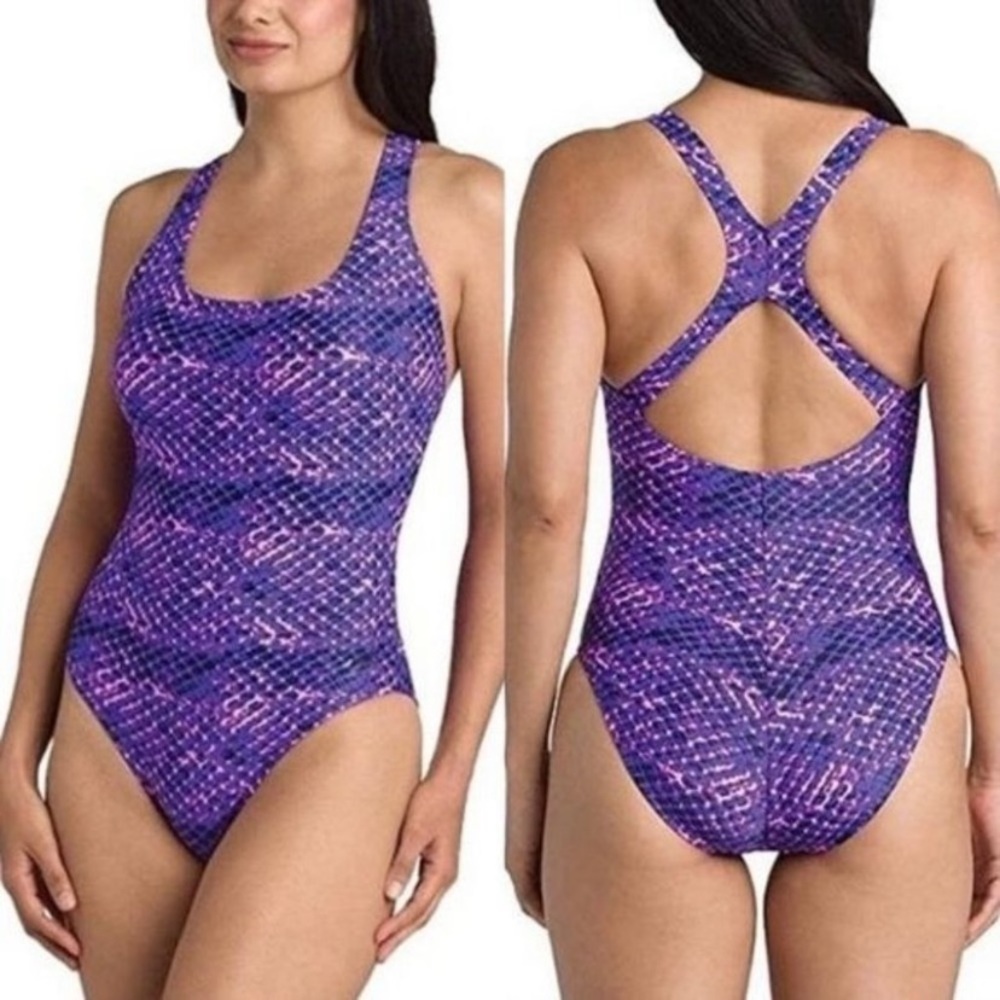 Speedo One Piece Racerback Back Swimsuit Purple Snakeskin Size 12